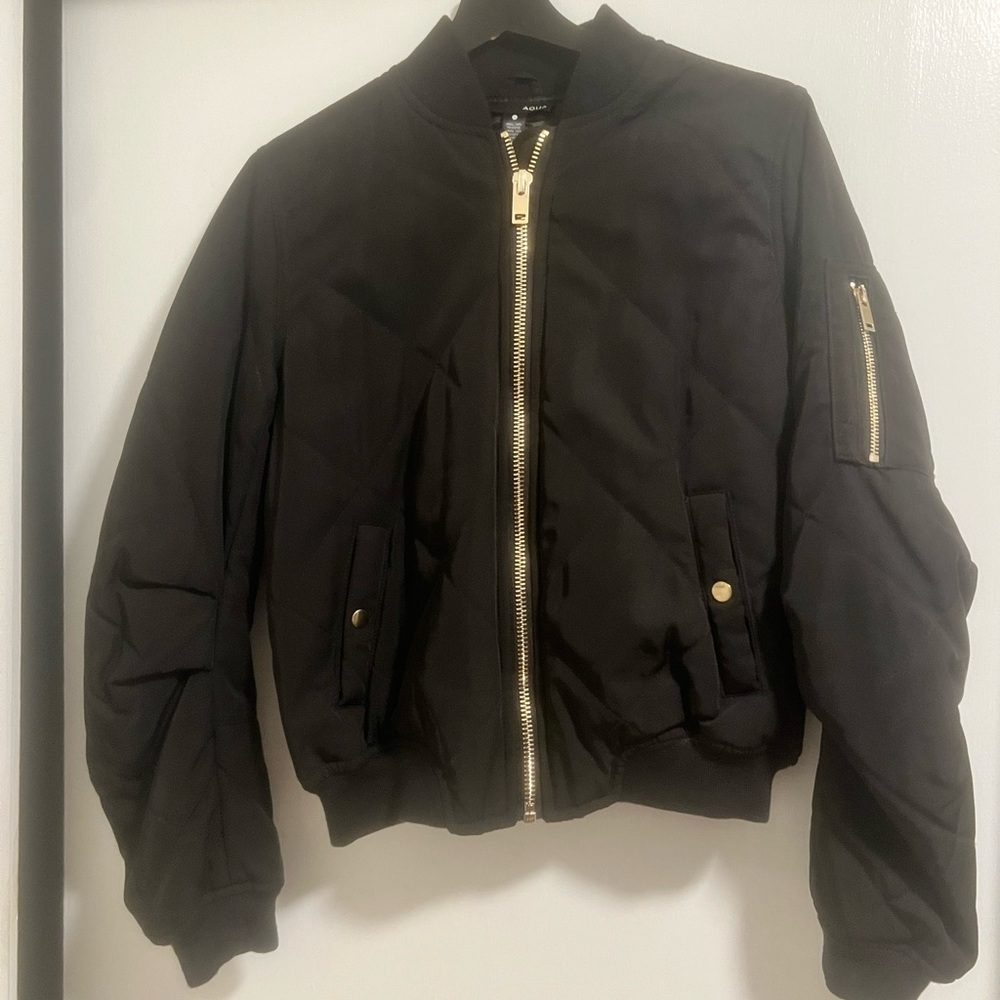 Bloomingdale’s Aqua Black Quilted Bomber Jacket Size M